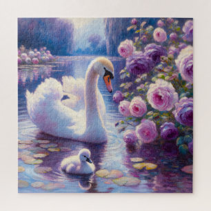 Puzzle Cisne blanco con Rosas morados