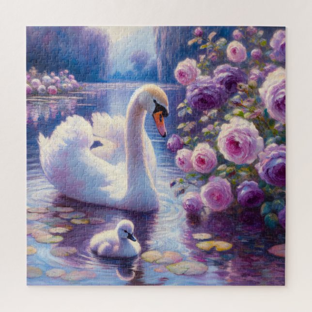 Puzzle Cisne blanco con Rosas morados (Vertical)