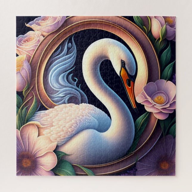 Puzzle Cisne de acuarela elegante en flor oriental (Vertical)