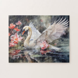 Puzzle Cisne en estanque de lotos con colores suaves