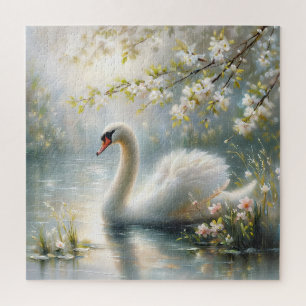 Puzzle Cisne en pintura floral del lago