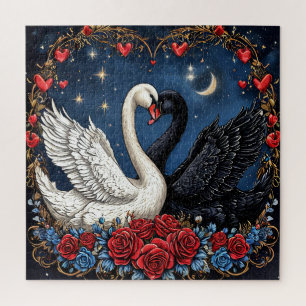 Puzzle Cisnes blancos y negros con corazones y rosas