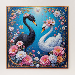 Puzzle Cisnes de boda enmarcados con oro y flores