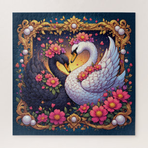 Puzzle Cisnes de boda enmarcados con oro y flores