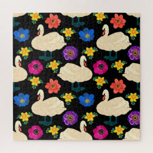 Puzzle Cisnes, flores, fondo negro dibujado a mano.