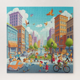 Puzzle Cityscape Park Car Bike People Birds