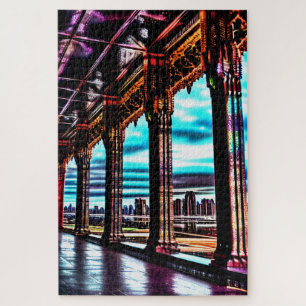 Puzzle Ciudad cómica rosa y azul del otro mundo esbozada