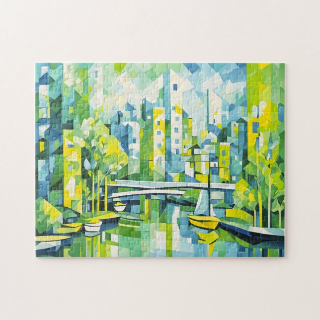 Puzzle Ciudad Cubista Verde con Puente (Horizontal)