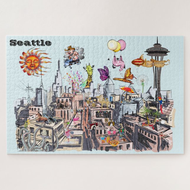 Puzzle Ciudad de Seattle Surreal Pop Art Ocupado (Horizontal)