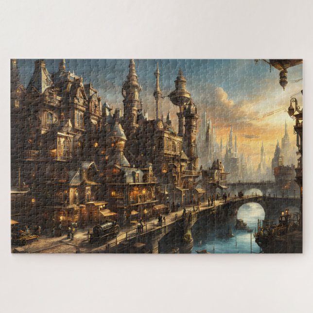 Puzzle Ciudad de Steampunk junto al río (Horizontal)