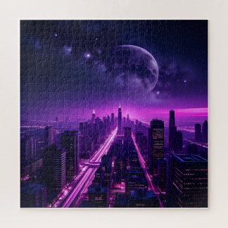 Puzzle Ciudad futurista de Cyberpunk de noche - Neon Purp