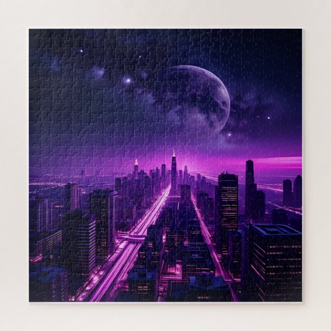 Puzzle Ciudad futurista de Cyberpunk de noche - Neon Purp (Vertical)