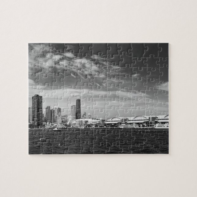 Puzzle Ciudad - horizonte y el embarcadero BW de Chicago (Horizontal)