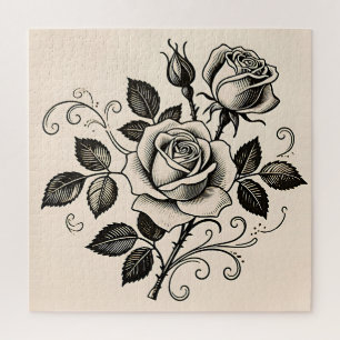 Puzzle Clásica Rosa Negra Vintage Floral Botánica en Flor