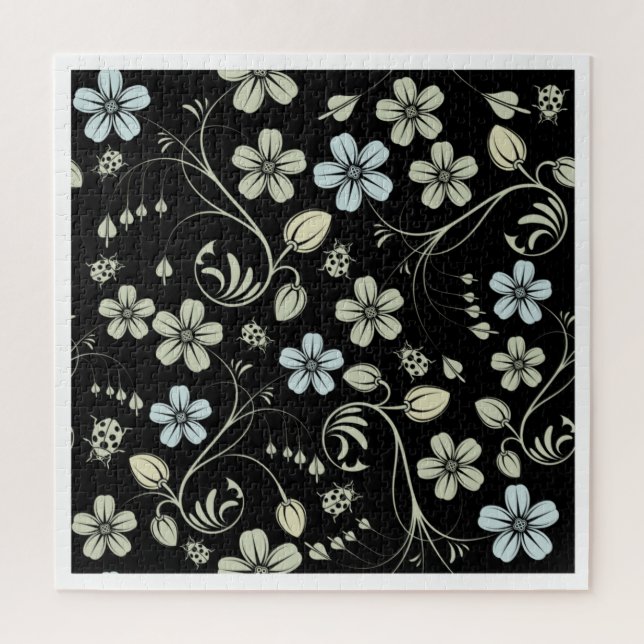 Puzzle Classic seamless flowers pattern, black background (Vertical)