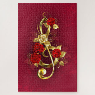 Puzzle Clave de Sol Dorada con Flores de Rosa