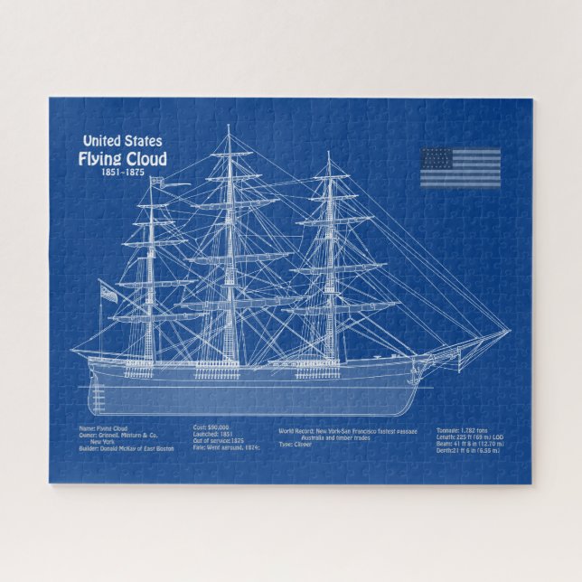Puzzle Clipper Ship Flying Cloud - Blueprint ABD (Horizontal)