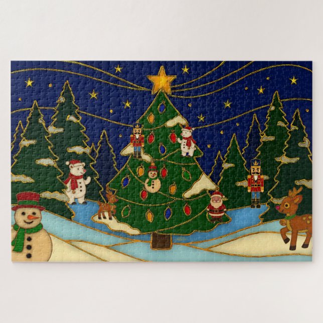 Puzzle Cloisonne Art Whimsical Forest Classic Christmas  (Horizontal)