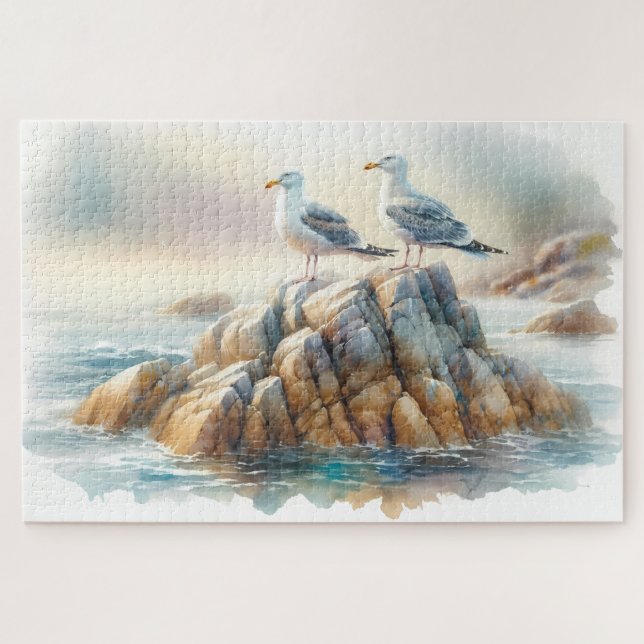 Puzzle Coastal Seagulls Watercolor Seascape (Horizontal)