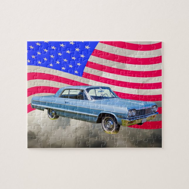 Puzzle Coche 1964 de Chevrolet Impala y bandera americana (Horizontal)