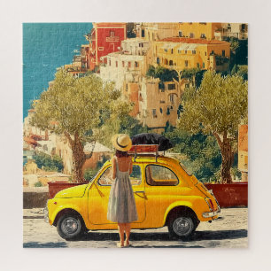 Puzzle Coche Amarillo Vintage junto a la Costa Amalfitana