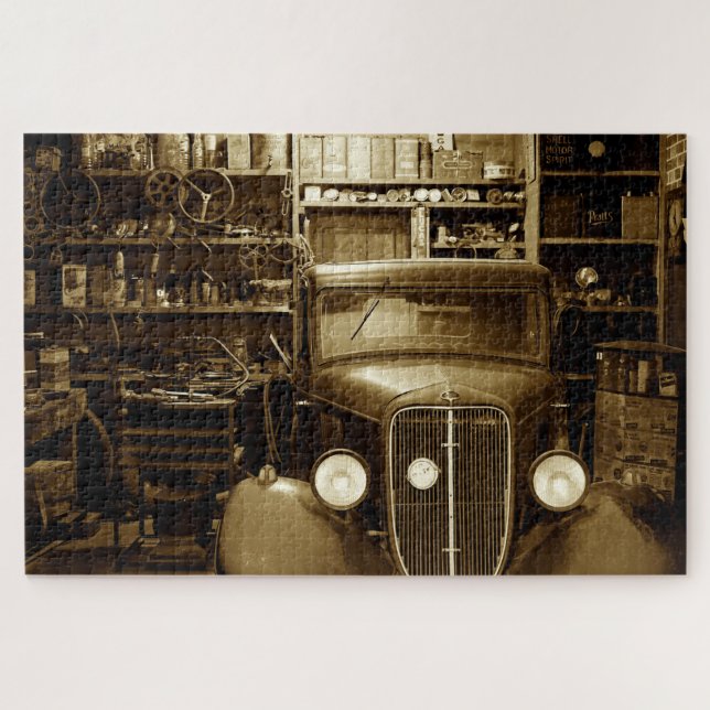 Puzzle Coche antiguo sepia en el taller  (Horizontal)
