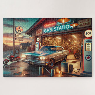 Puzzle Coche Clásico Estación de Gasolina Vintage