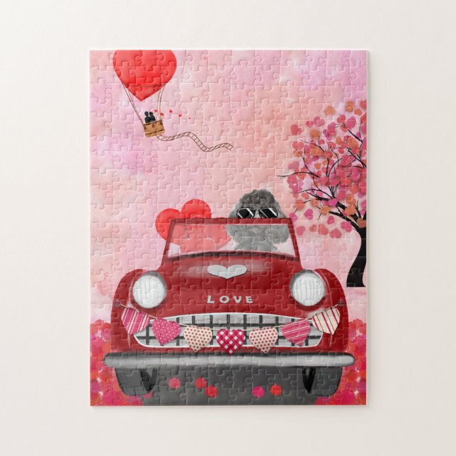 Puzzle Coche de perro caniche con corazones de San Valent (Vertical)