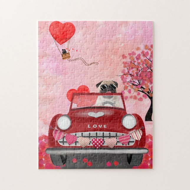 Puzzle Coche de perro Pug con corazones de San Valentín   (Vertical)
