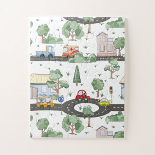 Puzzle Coches cortos en el patrón de la ciudad para niños