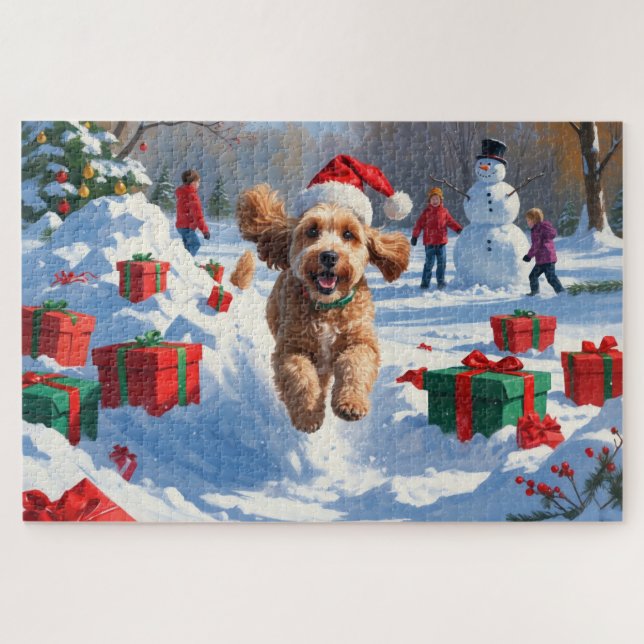 Puzzle Cockapoo corriendo en la nieve con sombrero de Nav (Horizontal)