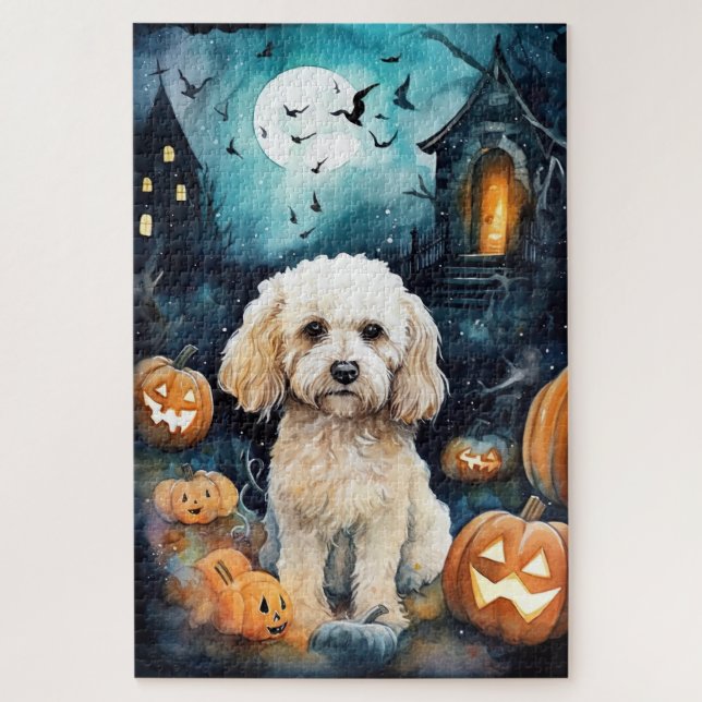 Puzzle Cockapoo de Halloween con calabazas aterradoras (Vertical)