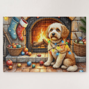 Puzzle Cockapoo Sentado junto a la Chimenea con Luces de