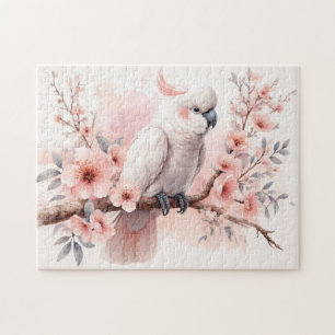 Puzzle Cockatoo acuarela y flores rosadas