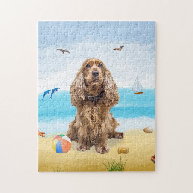Puzzle cocker spaniel dog en la playa (Vertical)