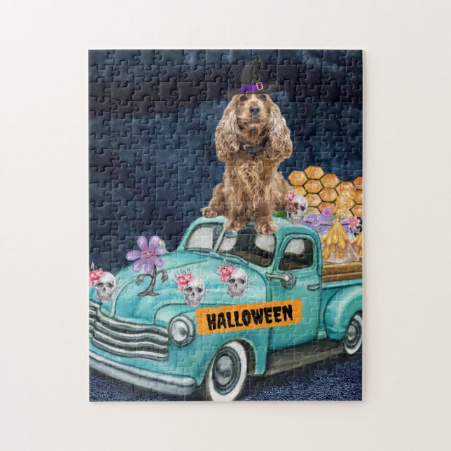 Puzzle Cocker Spaniel Dog Halloween Truck Scary Night (Vertical)
