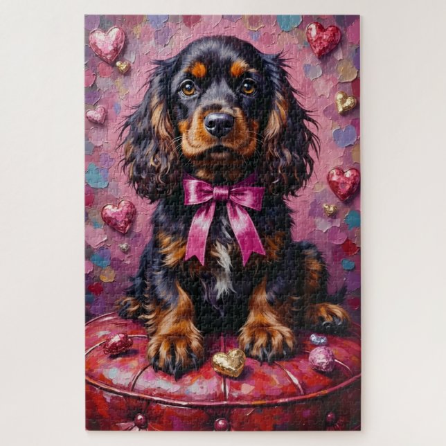 Puzzle Cocker Spaniel Dog Valentine's Day Red Ottoman (Vertical)