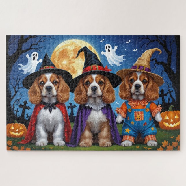 Puzzle Cocker Spaniel Dogs Calabaza Halloween Funny (Horizontal)