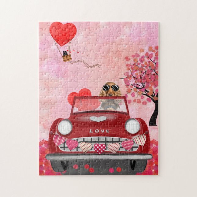 Puzzle Cocker Spaniel Driving Car with Hearts Valentine's (Vertical)