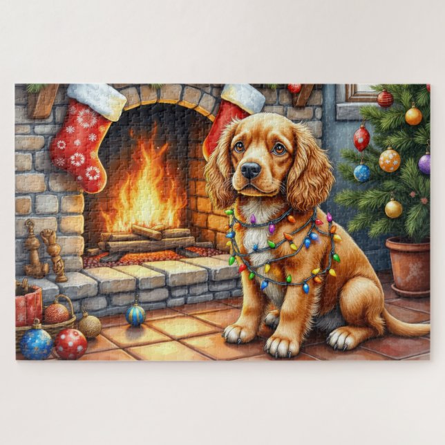 Puzzle Cocker Spaniel junto a la chimenea con luces de Na (Horizontal)