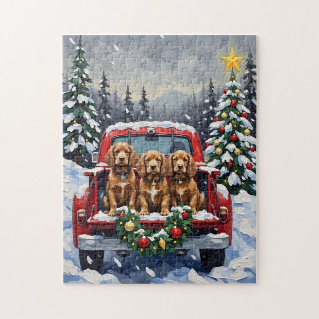 Puzzle Cocker Spaniel Navidad Camión Rojo Fiesta (Vertical)
