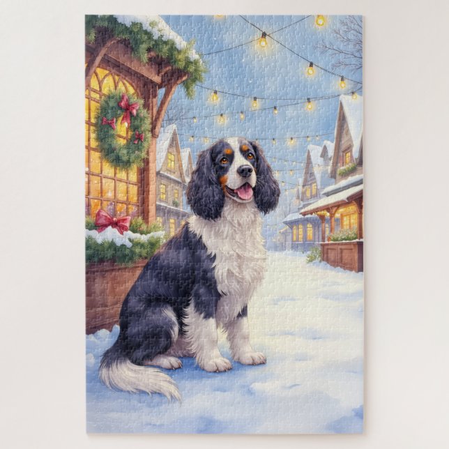 Puzzle Cocker Spaniel Pueblo Nevado Arte de Navidad (Vertical)