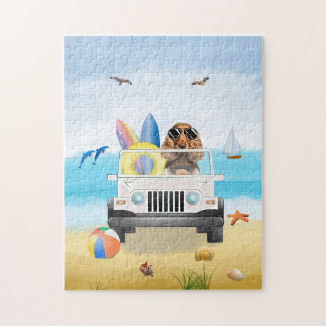 Puzzle coker spaniel Dog Driing en la playa (Vertical)