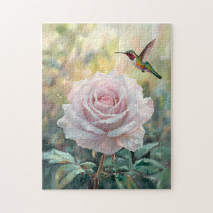 Puzzle Colibrí acuarela y rosa rosa