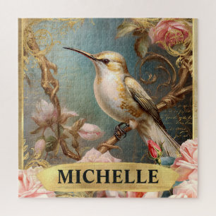 Puzzle Colibrí blanco vintage acuarela y rosas rosadas