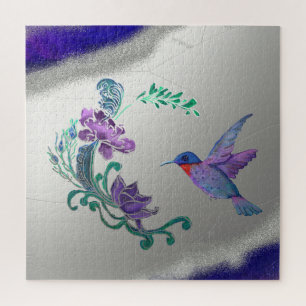 Puzzle Colibrí con flores sobre fondo geodésico