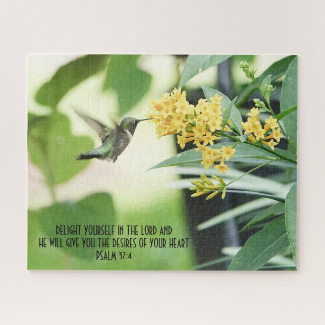 Puzzle Colibrí en Flores con verso del Salmo 37:4 (Horizontal)