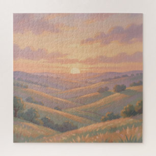 Puzzle Colinas onduladas de puesta de sol dorada Paisaje