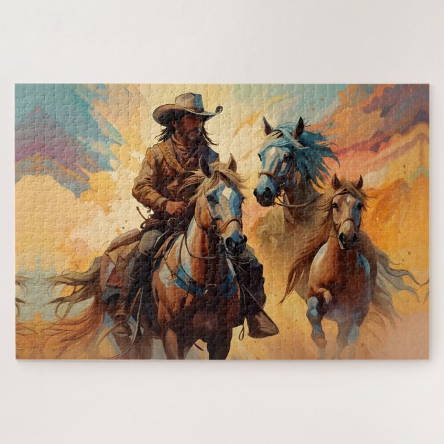 Puzzle Collage azul de Tan de Cowboy Western Horses (Horizontal)