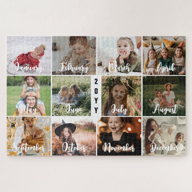 Puzzle Collage blanco de 12 meses fotográficos y año (Horizontal)